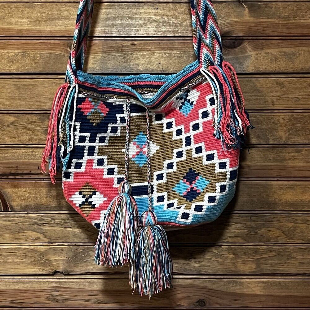 Handmade Wayuu Crochet Drawstring Tote Bag Purse Medium Size Tribal Crossbody